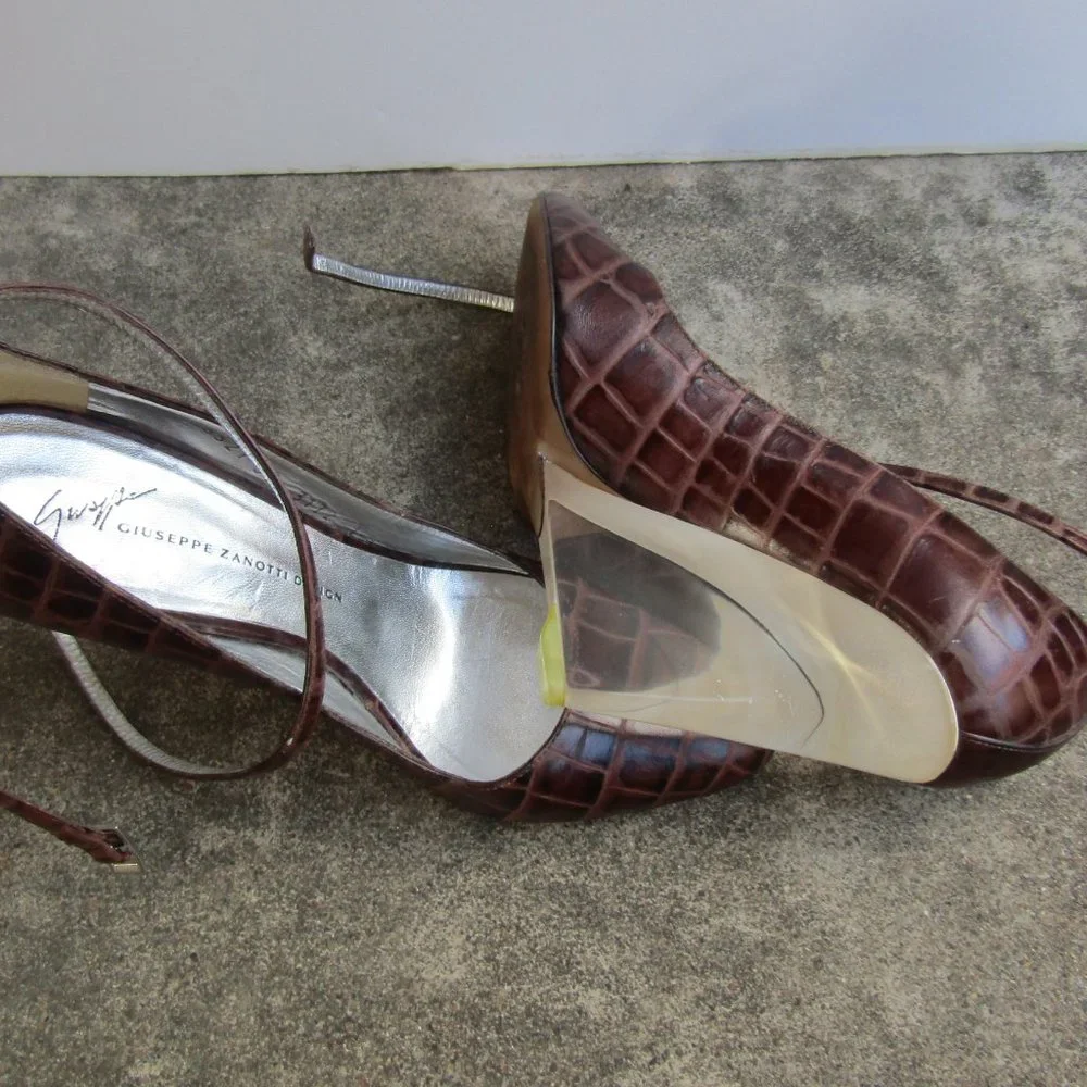 Giuseppe Zanotti Ankle Wrap Leather Lucite Wedge Heels